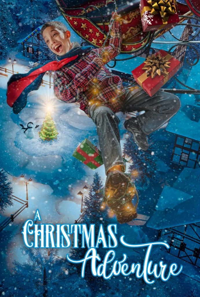 Child joyfully flying from a sleigh, surrounded by a snowy landscape, Christmas tree, and festive gifts, representing the whimsical theme of holiday photography at Nimble Dragon Studios.