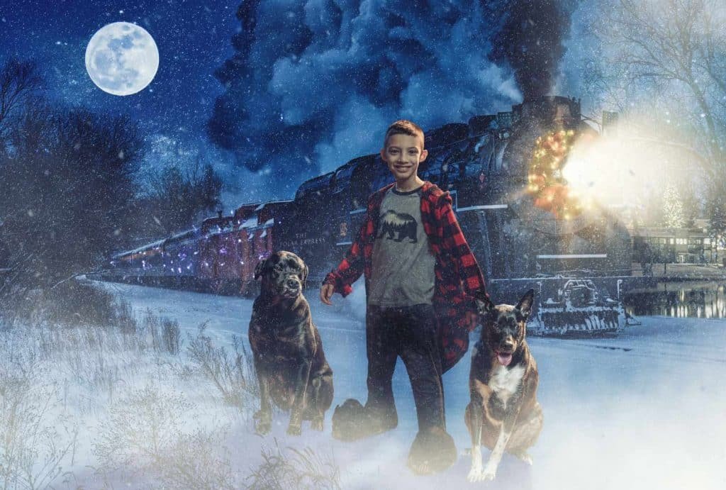 Boy in a red plaid shirt standing in snow with two dogs, vintage steam train in the background, full moon and festive lights creating a magical winter scene.