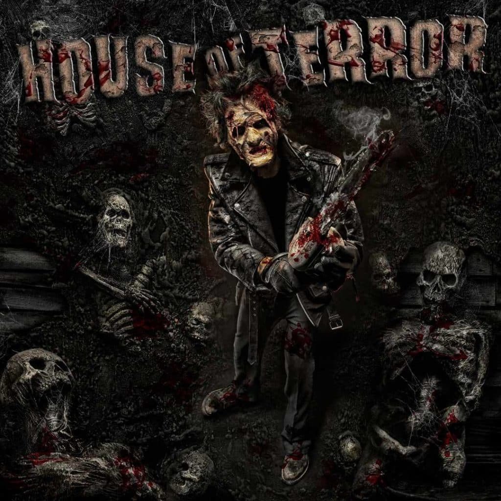 House of Terror graphic featuring a character in a leather jacket holding a weapon, surrounded by skeletal remains and a dark, horror-themed background.