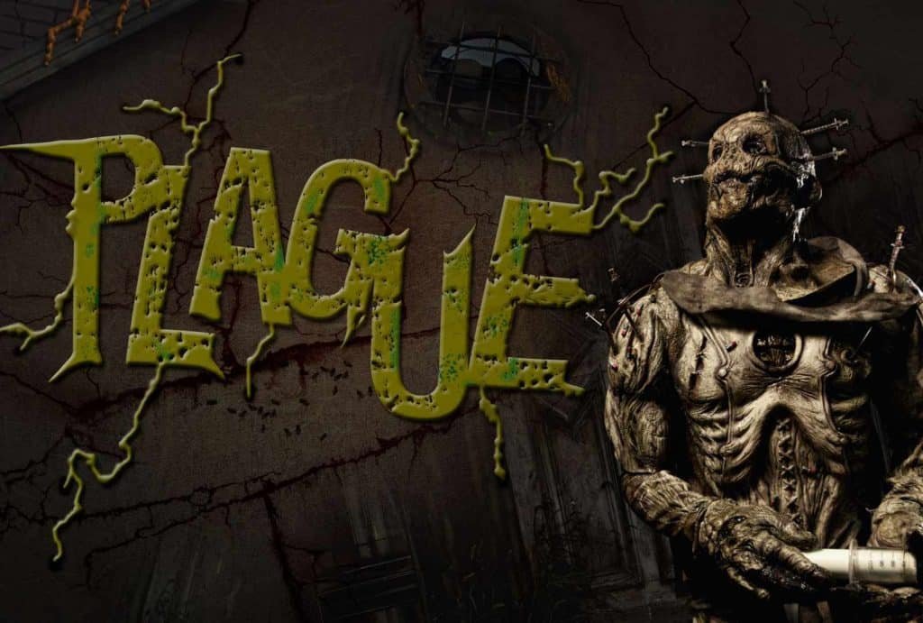 Plague-themed character with grotesque features and syringes, set against a cracked wall with "PLAGUE" text in vibrant green, reflecting a horror or fantasy theme.