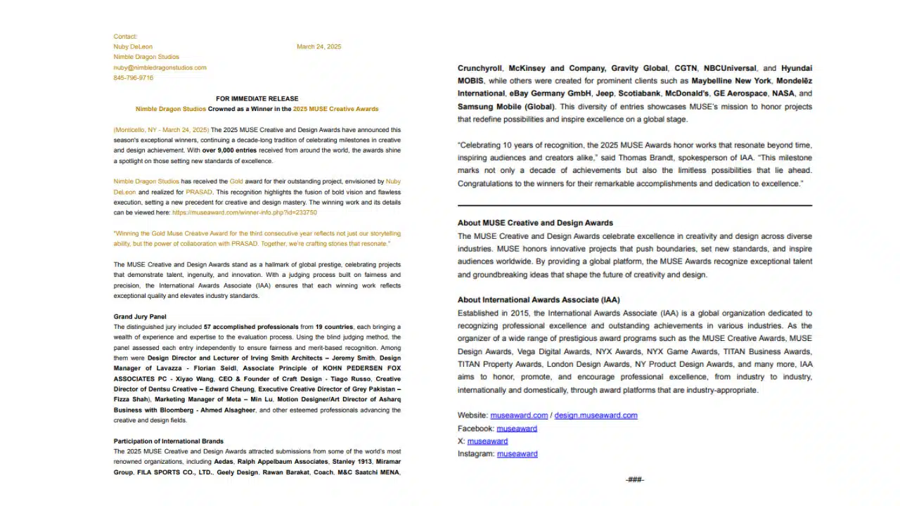 Nimble Dragon Studios Wins Gold at 2025 MUSE Creative Awards