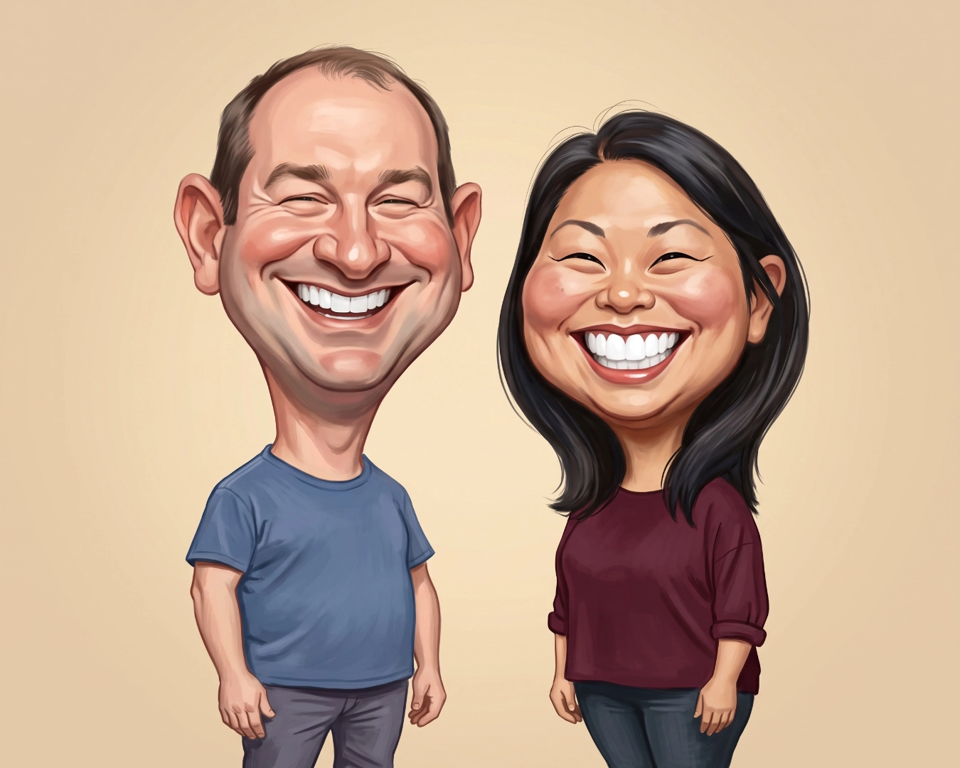 The same two guests drawn as a smiling big-head caricature