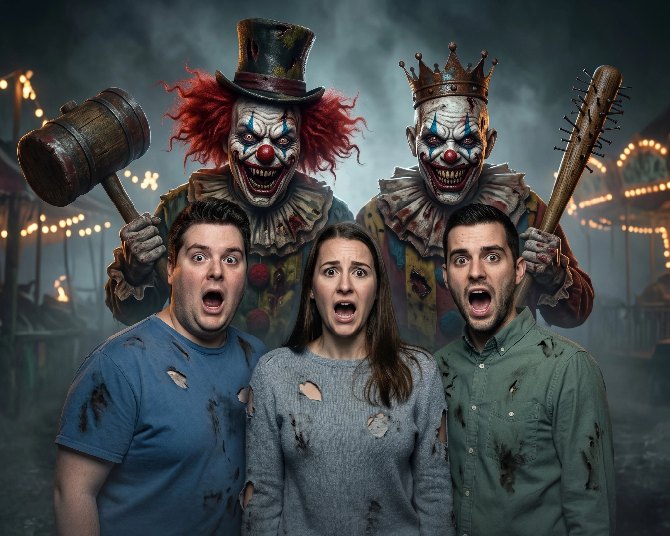 Three terrified guests at a carnival with two killer clowns looming behind them