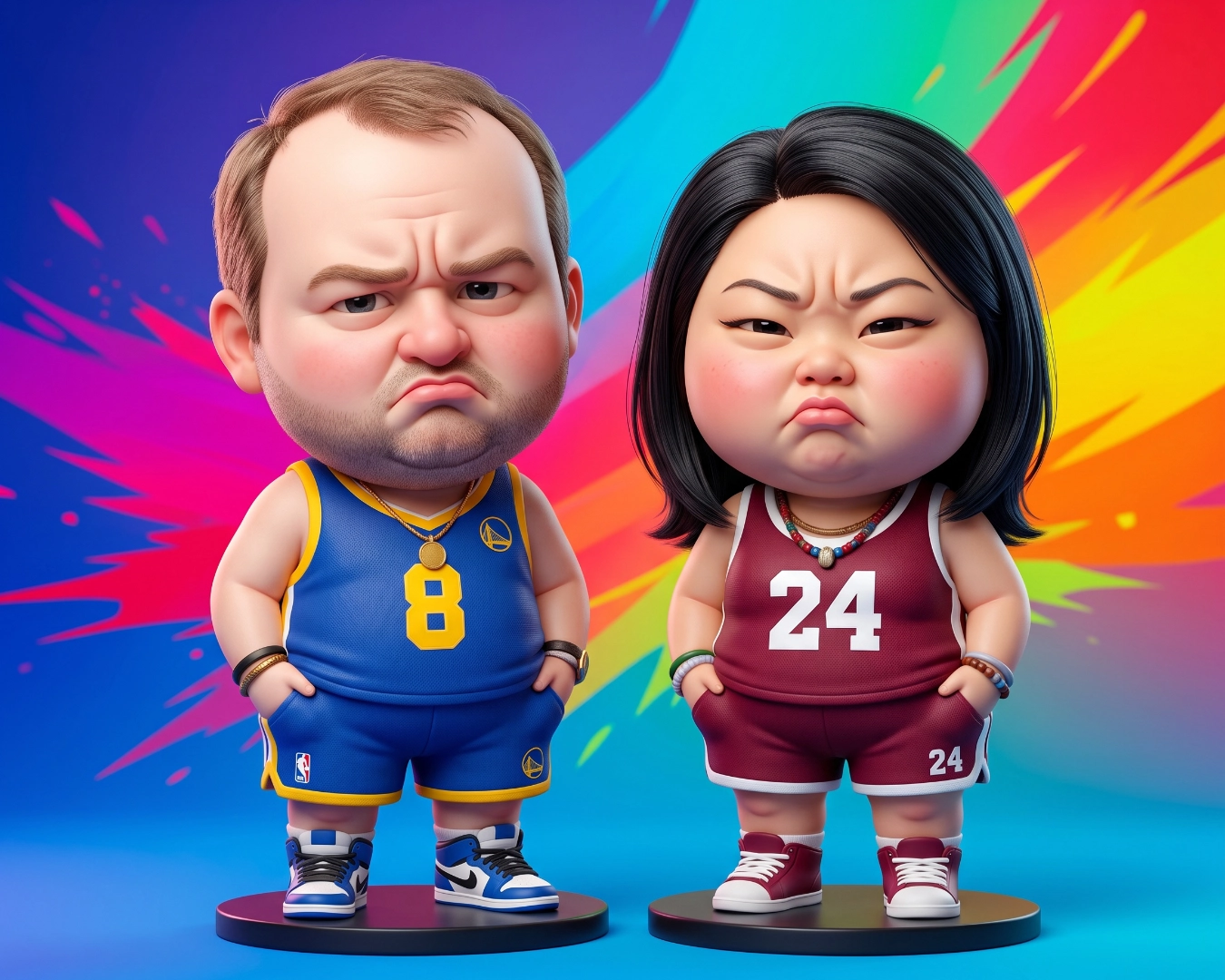 The same two guests as pouting cartoon figurines in basketball jerseys