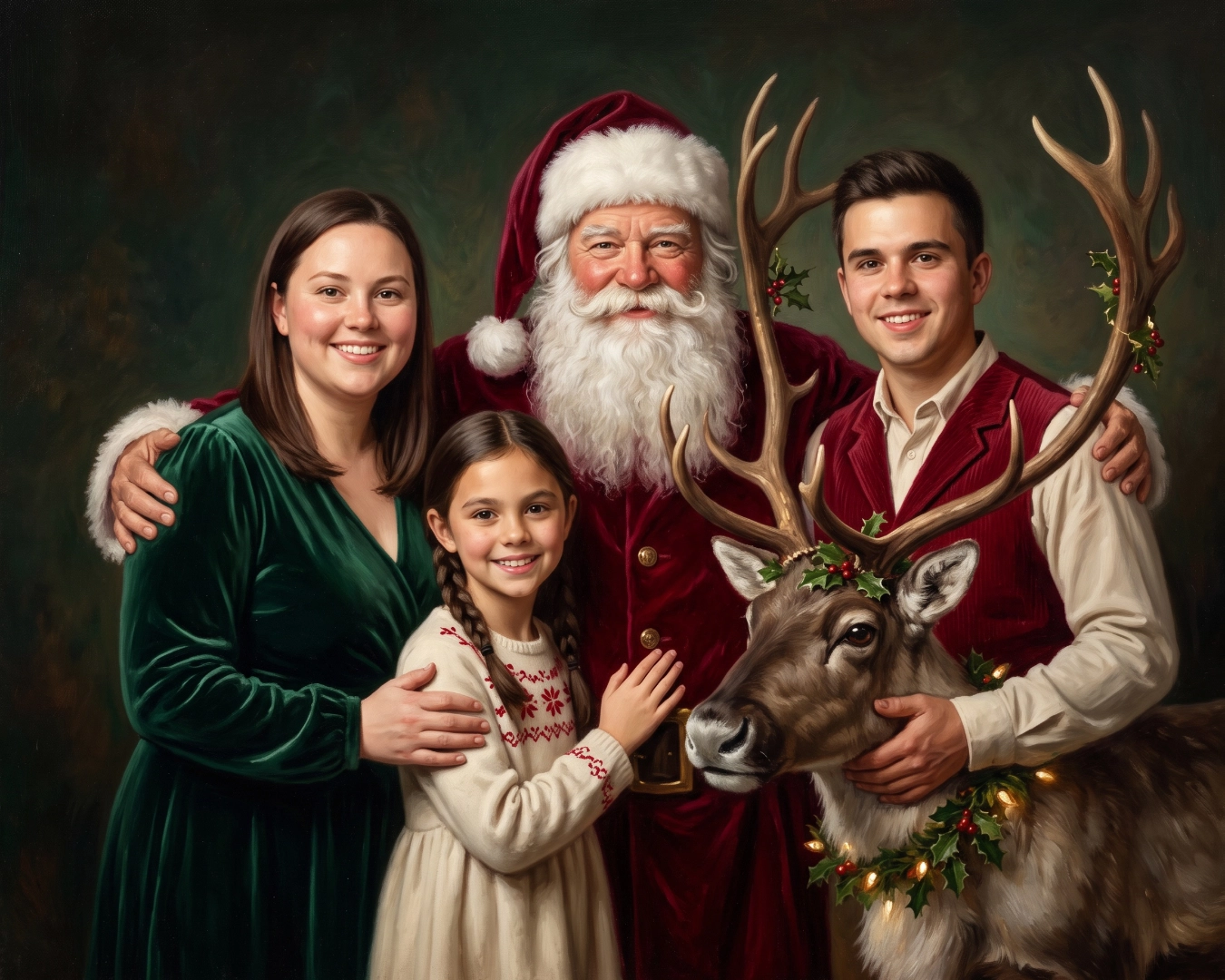 Three guests in a classic portrait with Santa and a reindeer