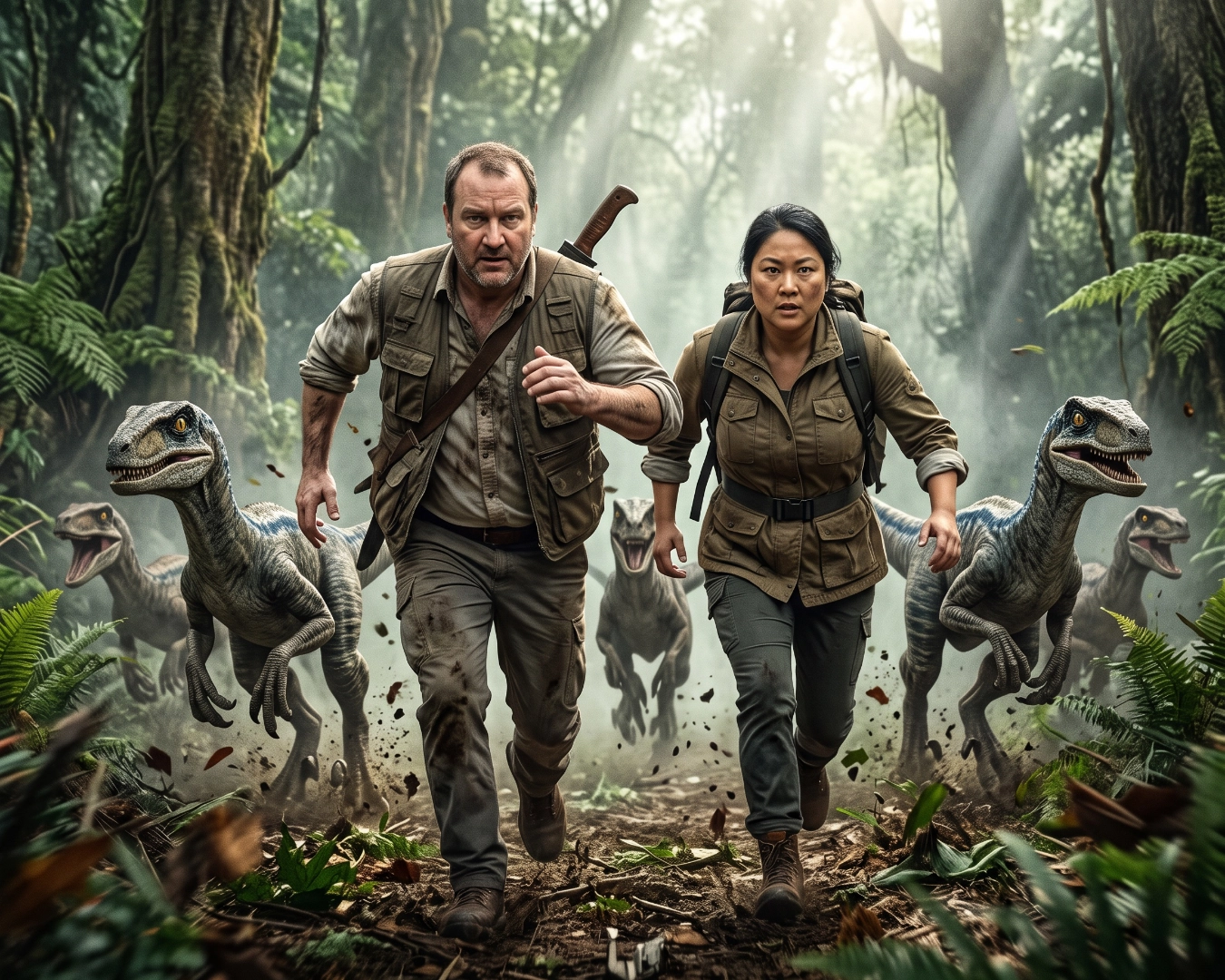 The same two guests running through a jungle chased by velociraptors