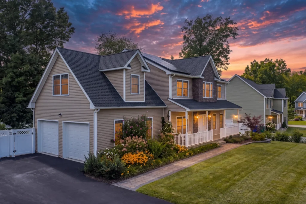 Beautiful two-story home with illuminated windows at sunset, manicured lawn and brick walkway.