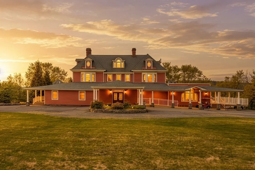 Red farmhouse glowing at sunset with wraparound porch and manicured lawn.