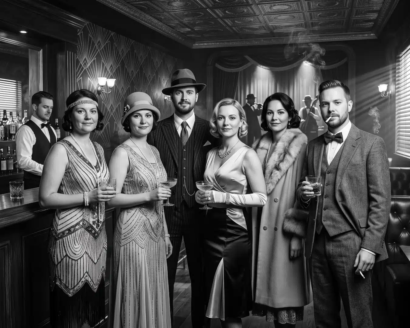 Foto Transform AI six-person 1920s speakeasy transformation — all six guests recognizable, all faces correctly matched to bodies