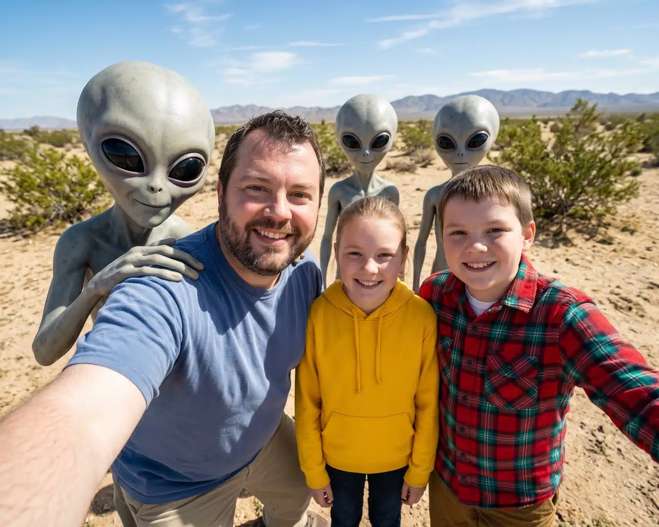 Family taking a selfie with aliens in the desert
