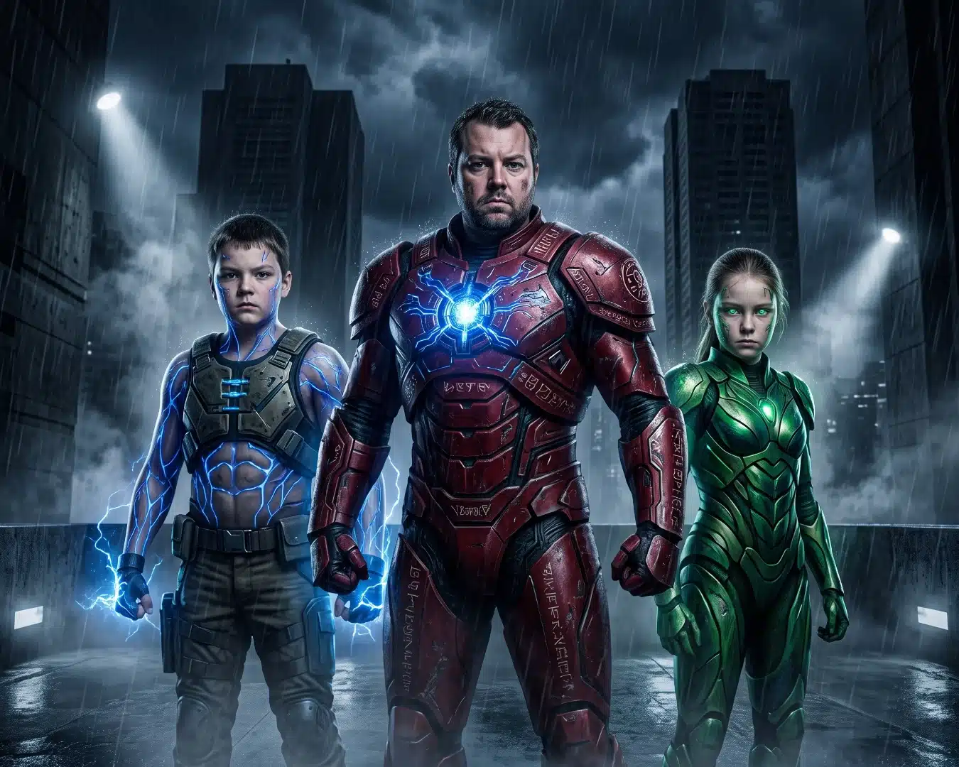 Family in superhero armor and suits in a rainy cityscape