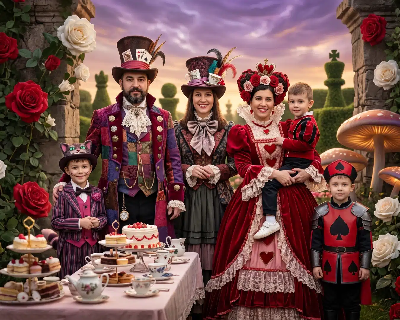 Family dressed as Alice in Wonderland characters at a tea party