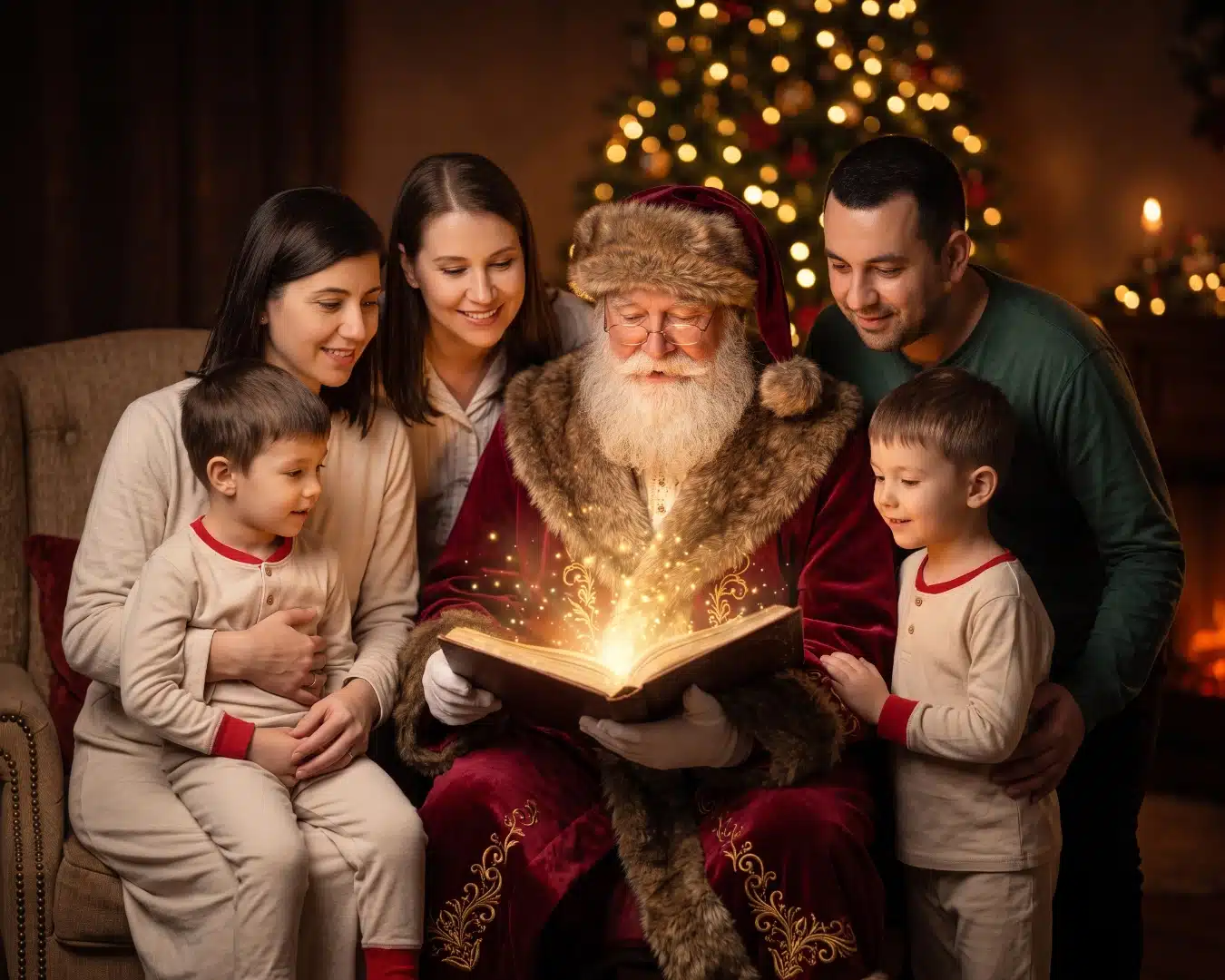 Santa reading a glowing storybook to a family gathered by the Christmas tree