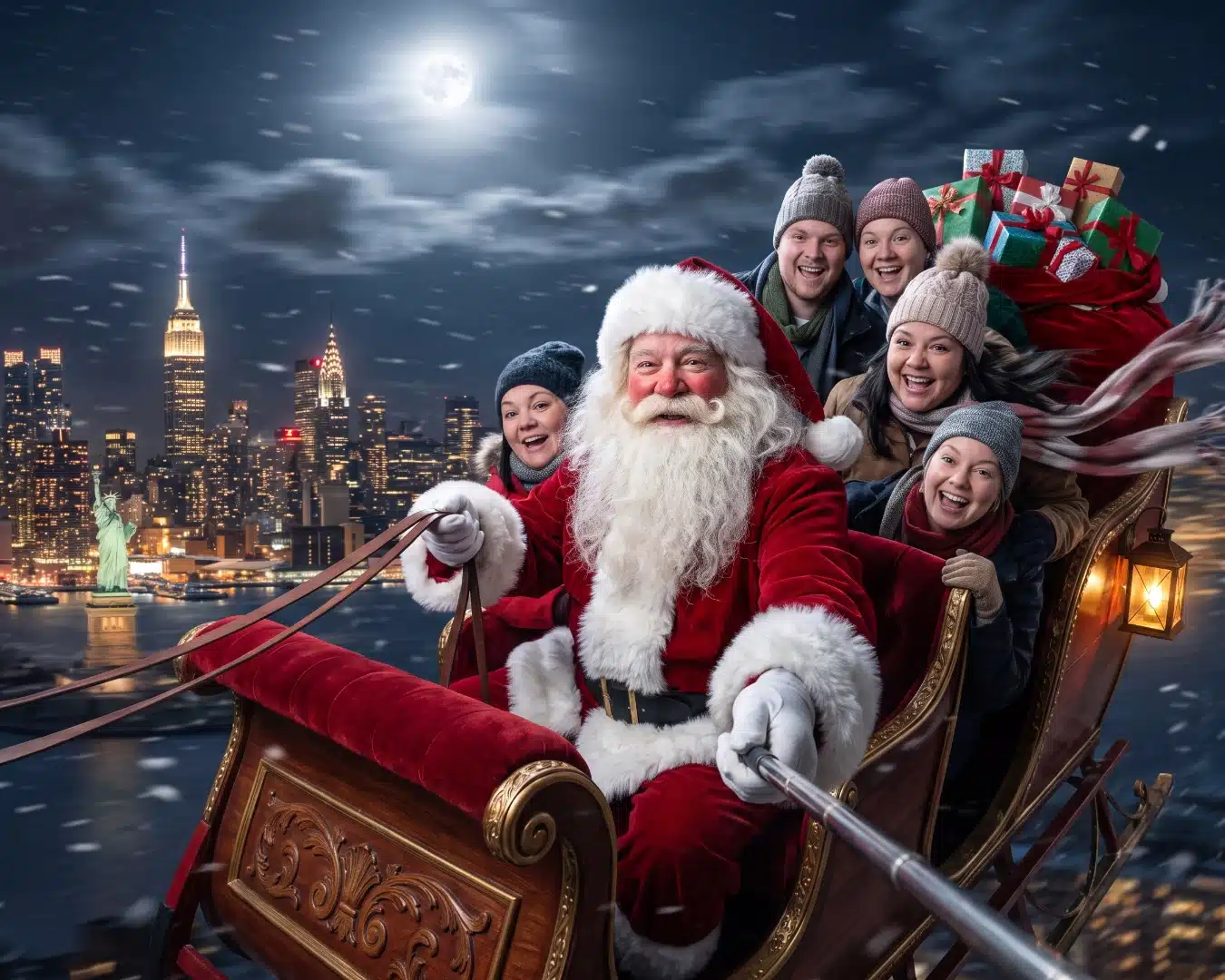 Santa flying a sleigh over the NYC skyline with a family riding along