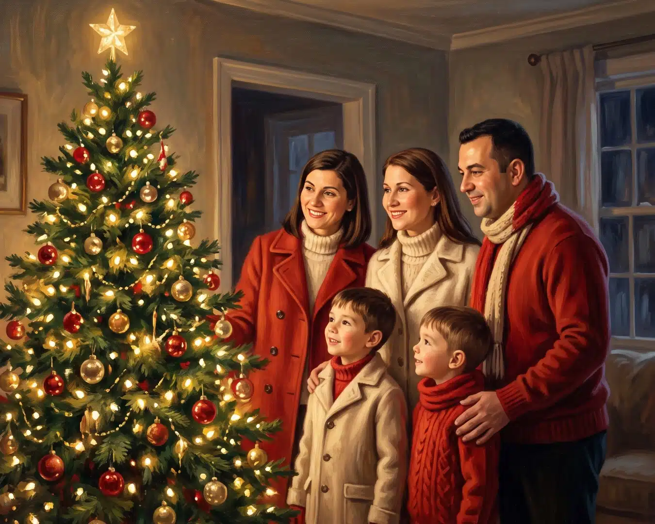 Family portrait by the Christmas tree, oil painting style