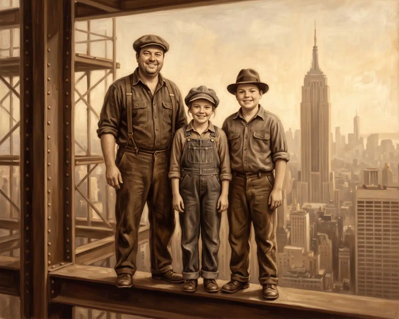 Oil-painted sepia scene of three figures on a steel construction beam high above 1930s Manhattan, with the Empire State Building visible in the distance — a custom Foto Transform AI theme inspired by the 1932 Lunch Atop a Skyscraper photograph, built for a Hudson Valley event.