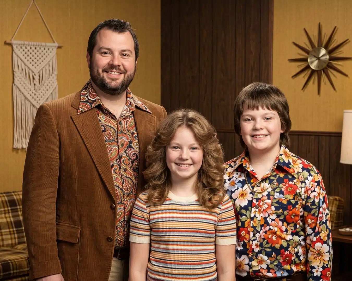 A 1970s sitcom family portrait with period-accurate wardrobe (paisley shirt, corduroy jacket, striped and floral prints, feathered hair) and living room set (wood paneling, macramé wall hanging, starburst clock, plaid couch) — a custom Foto Transform AI theme built for a Hudson Valley event.