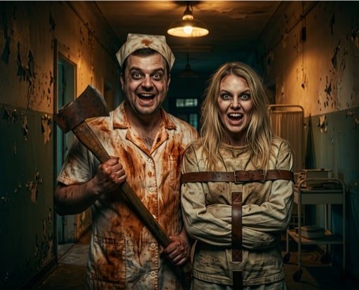 Foto Transform AI asylum theme — bloody nurse holding an axe and woman in straitjacket in a dilapidated hospital corridor