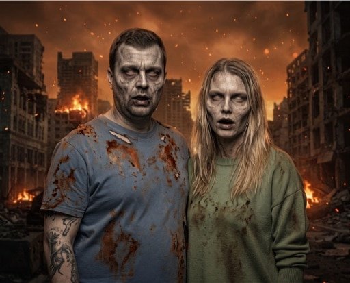 Foto Transform AI zombie apocalypse theme — two guests fully zombified against a burning cityscape, both faces still recognizable