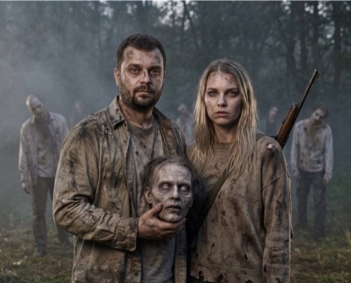 Foto Transform AI zombie survival theme — two guests in a post-apocalyptic forest, both faces recognizable